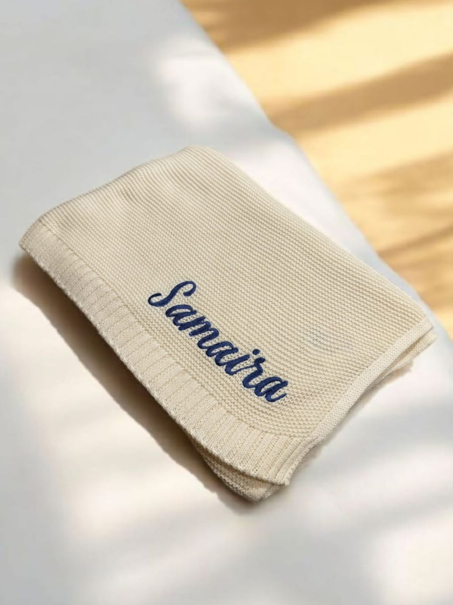 Custom Name Knitted Baby Blanket – Soft & Cozy