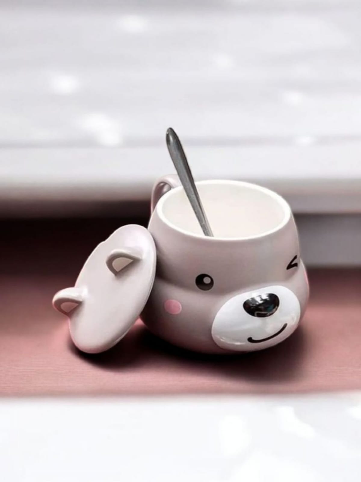 Cute Bear Ceramic Mug with Lid & Spoon