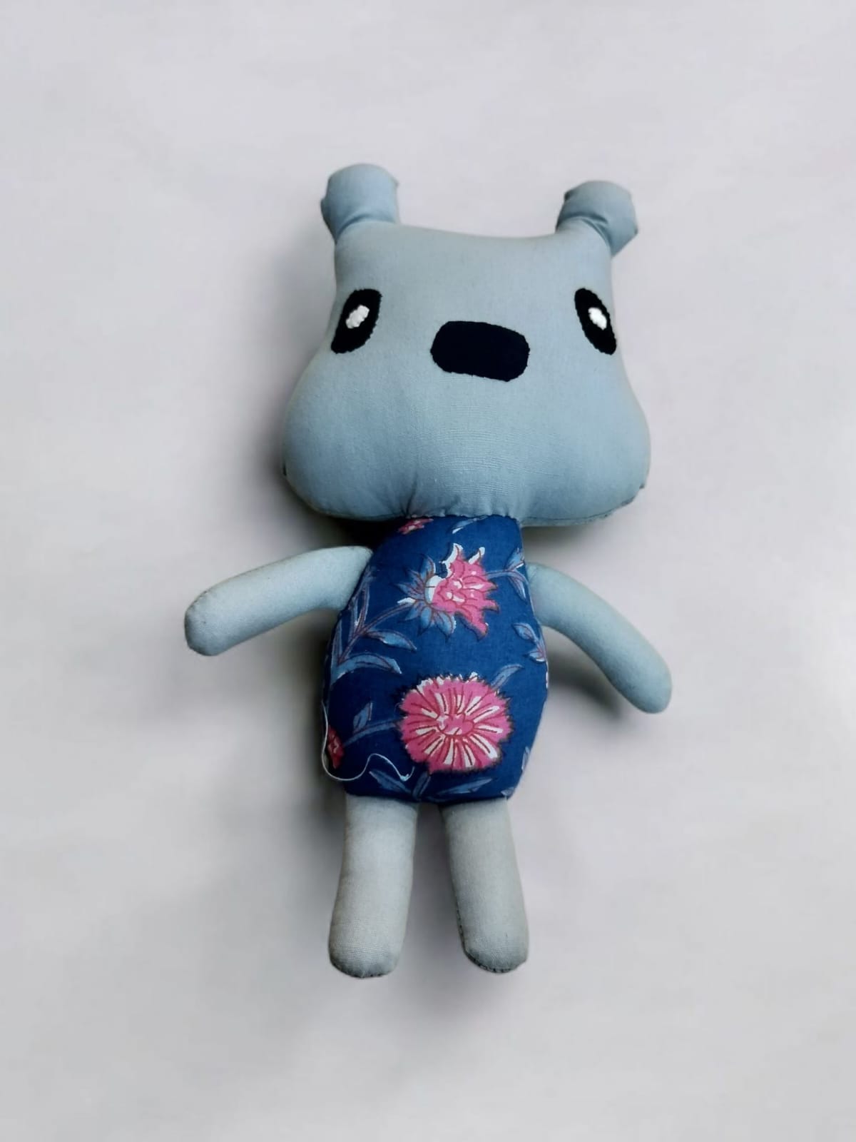 Handcrafted Blue Bear Plush with Floral Dress